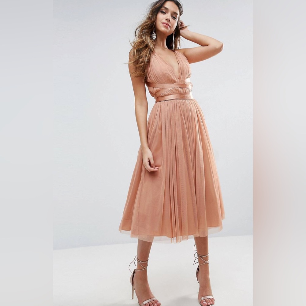ASOS Peach Tulle Midi Dress with Ribbon Ties